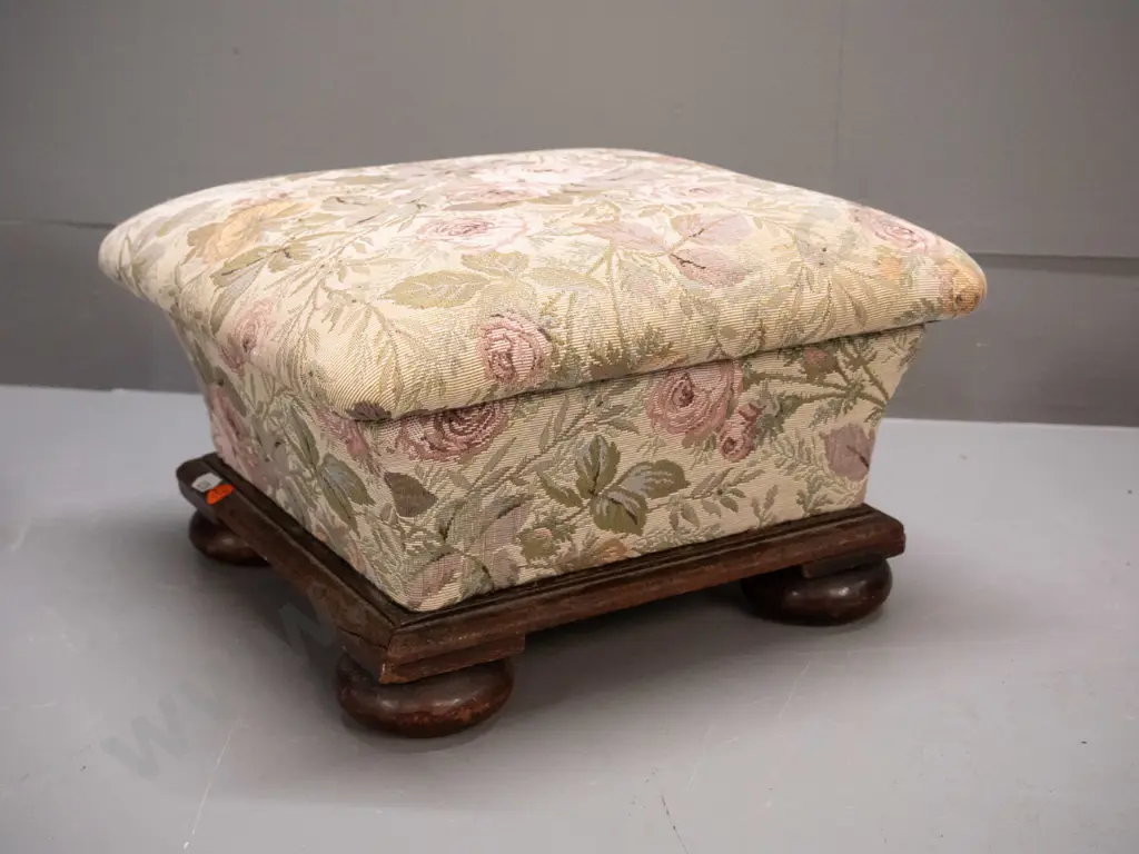 antique mahogany foot-stool with floral upholstered lift-off top - some fading and wear to fabric H-190 W-310 D-310 Image 1++