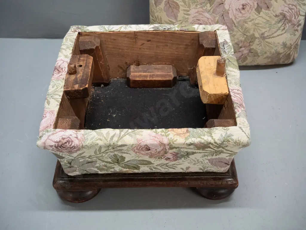antique mahogany foot-stool with floral upholstered lift-off top - some fading and wear to fabric H-190 W-310 D-310 Image 1++