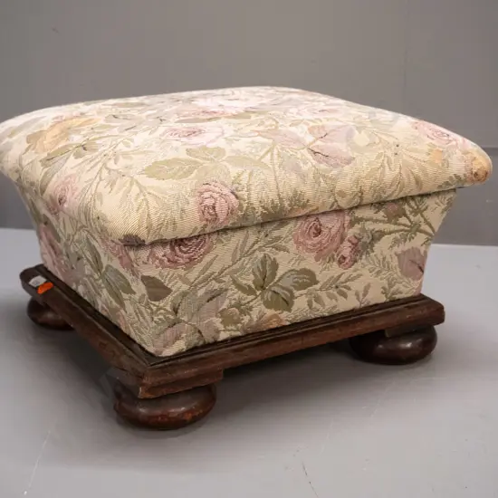 antique mahogany foot-stool with floral upholstered lift-off top - some fading and wear to fabric H-190 W-310 D-310
