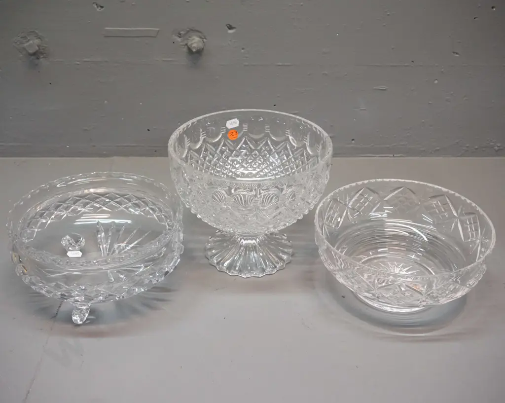 3 crystal bowls - one 3-footed, one comport style H-165 D-200, and one marked Stuart Image 1++