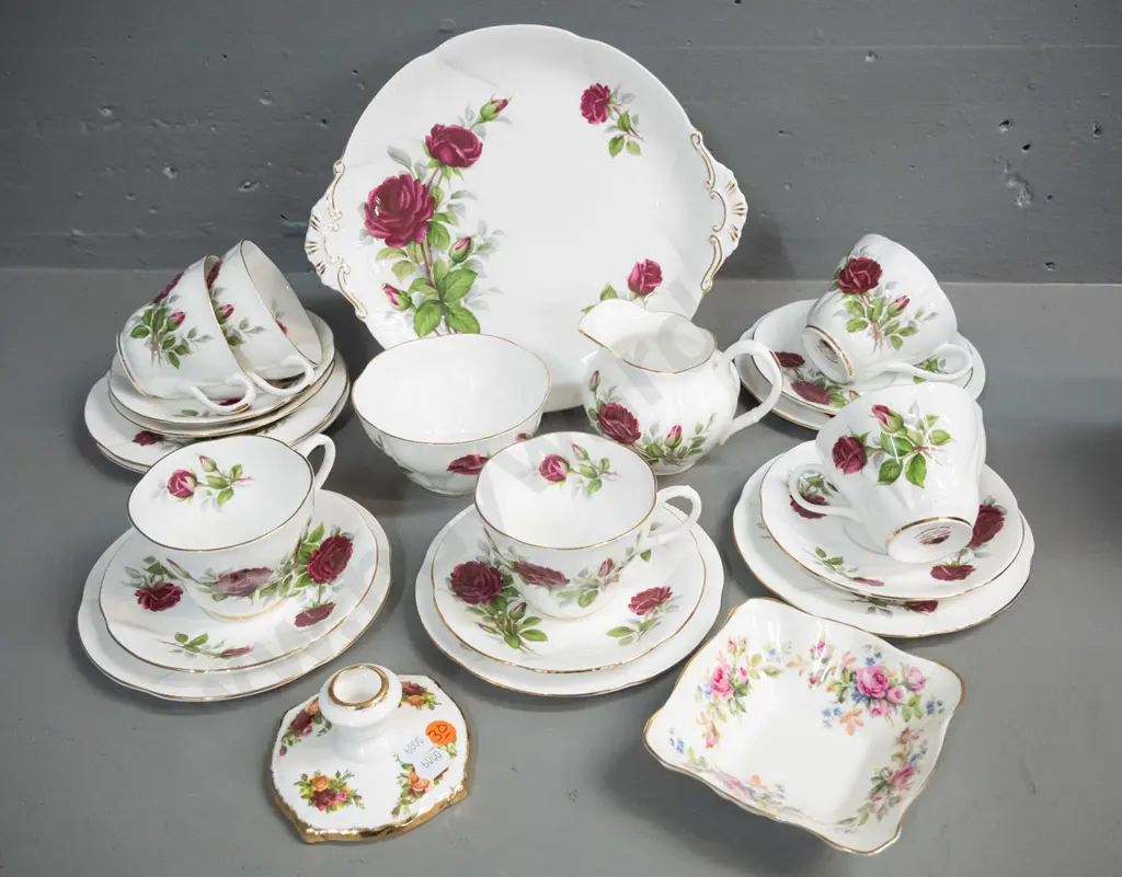 Royal Albert "Canadian Rose" 20-piece tea set, no tea pot, and Royal Albert pin dish and candle holder Image 1++