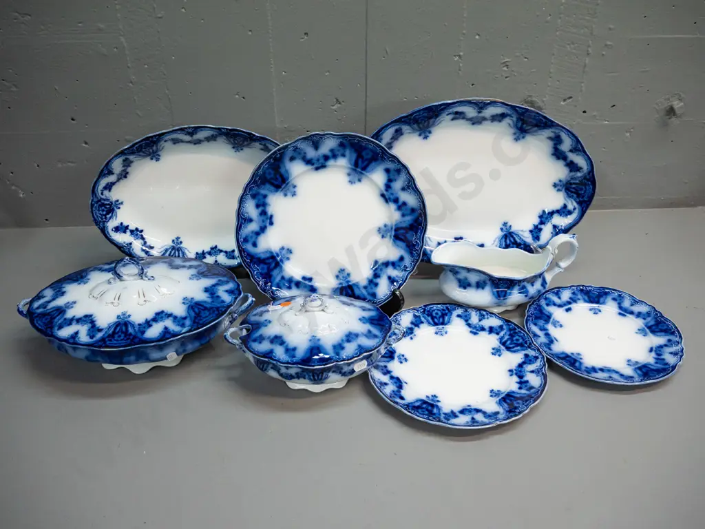 vintage Alfred Meakin flow blue "Oxford" pattern dinnerware including 2 ashetts, lidded vegetable, sauce tureen, gravy Image 1++