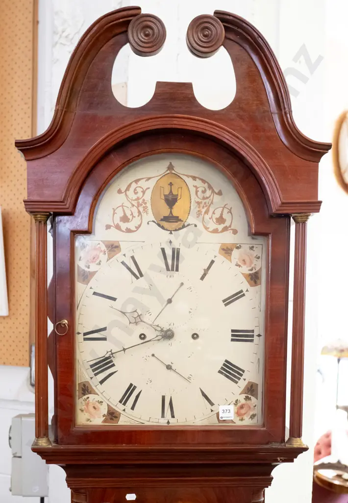 vintage mahogany Regency style long case clock with swan-neck pediment, flame mahogany panels with boxwood stringing, Image 1++