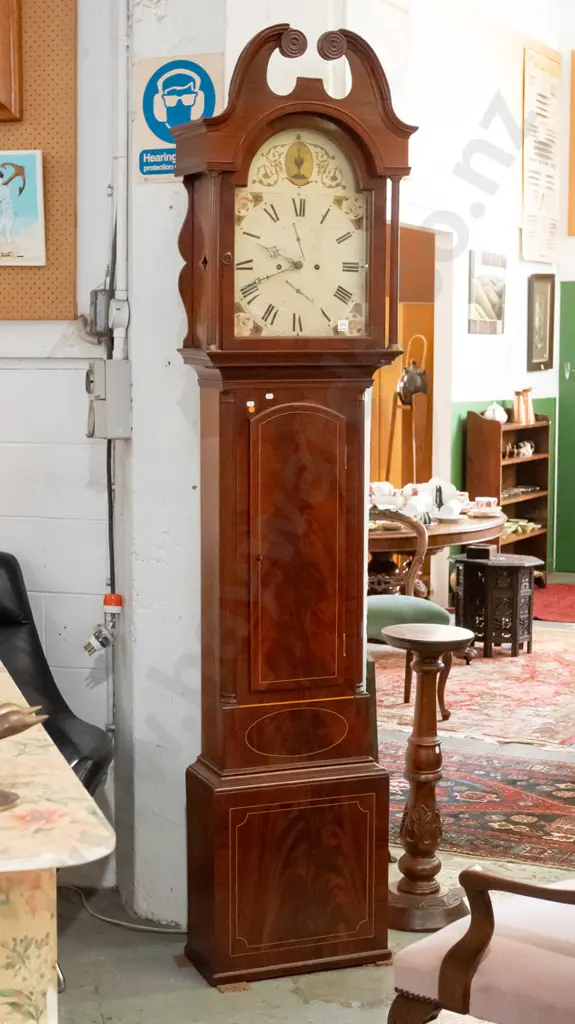 vintage mahogany Regency style long case clock with swan-neck pediment, flame mahogany panels with boxwood stringing, Image 1++