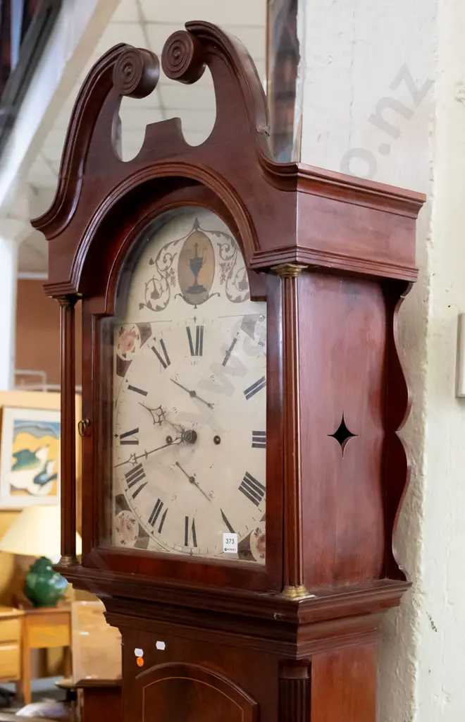 vintage mahogany Regency style long case clock with swan-neck pediment, flame mahogany panels with boxwood stringing, Image 1++