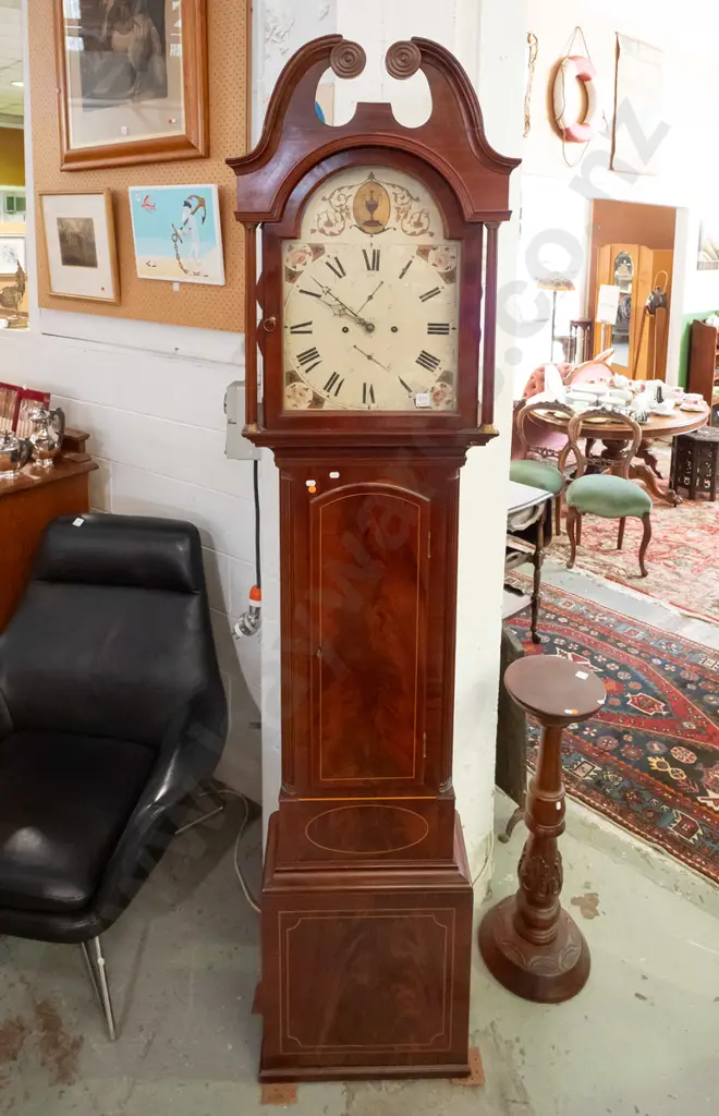 vintage mahogany Regency style long case clock with swan-neck pediment, flame mahogany panels with boxwood stringing, Image 1++
