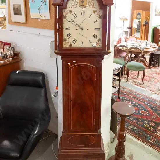 vintage mahogany Regency style long case clock with swan-neck pediment, flame mahogany panels with boxwood stringing,
