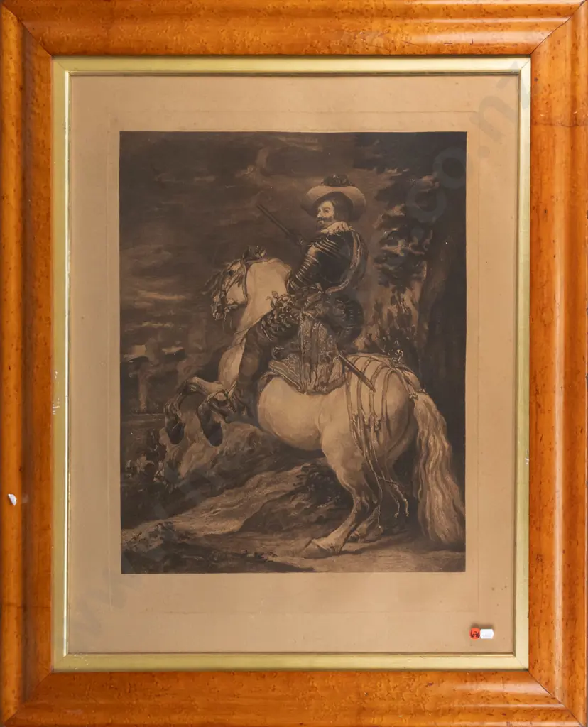 framed vintage print - man on rearing horse H-530 W-480 (some aging) Image 1++