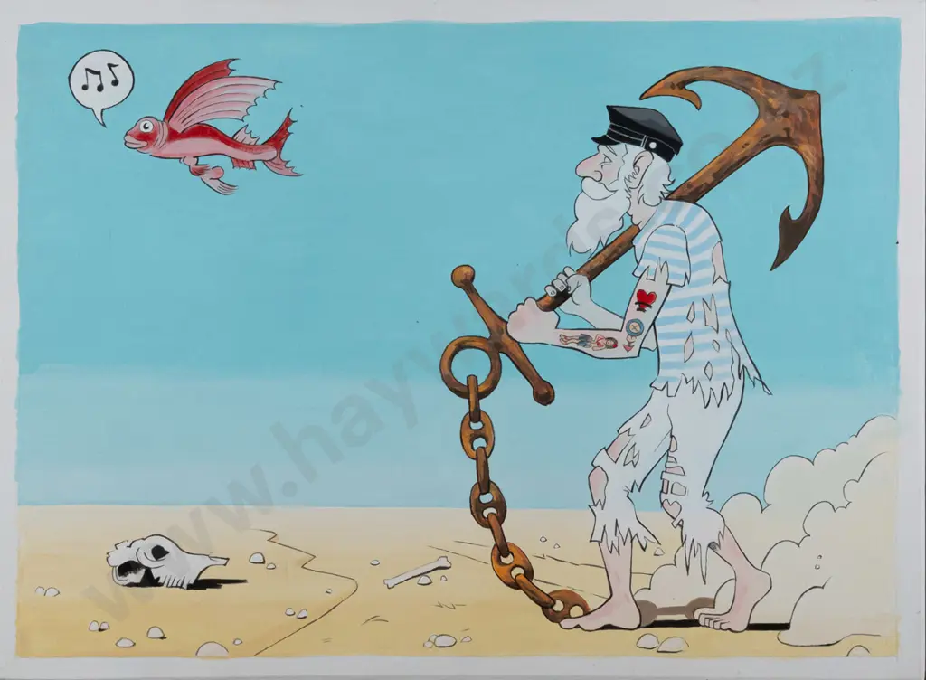 Buho Rojo 2021 - watercolour on board - sailor and singing fish H-300 W-400 Image 1++