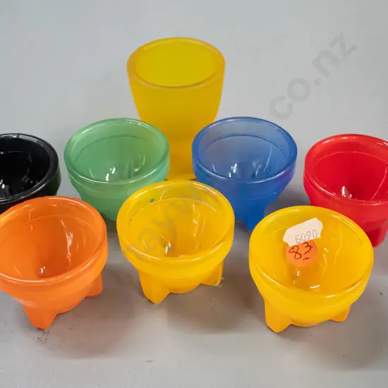 8 vintage moulded glass egg cups - 7 same shape in assorted colours and a slightly larger frosted yellow H-60