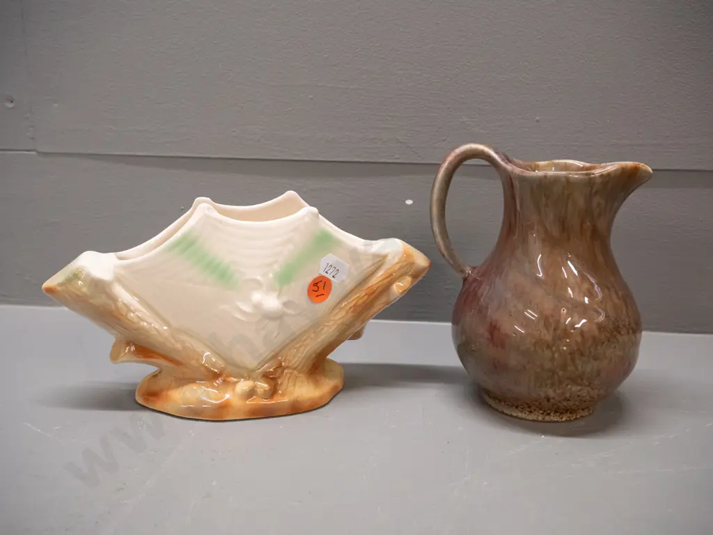 2 pieces of New Zealand pottery - (Crown Lynn?) jug marked 51. on base and a Titian Ware spider web vase marked T104. Image 1++