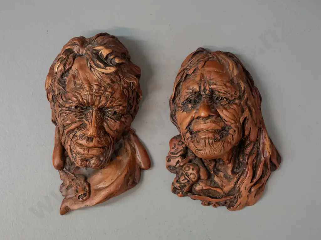 2 faux timber composite Maori motif wall heads - Marked Alan Davey, Te Rangatira No. 23 and Wahine No. 34 - approx H-155 Image 1++
