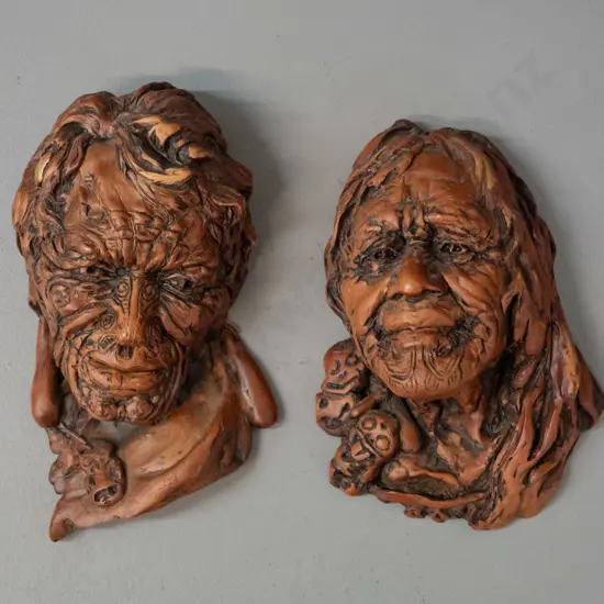 2 faux timber composite Maori motif wall heads - Marked Alan Davey, Te Rangatira No. 23 and Wahine No. 34 - approx H-155