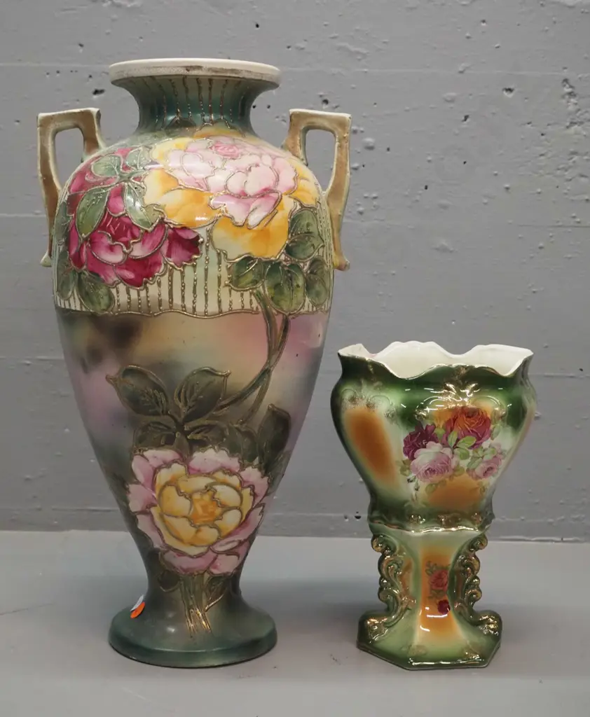 2 Victorian floral hand-painted vases - relief pattern double handled H-410 W-230 and smaller comport shaped Image 1++