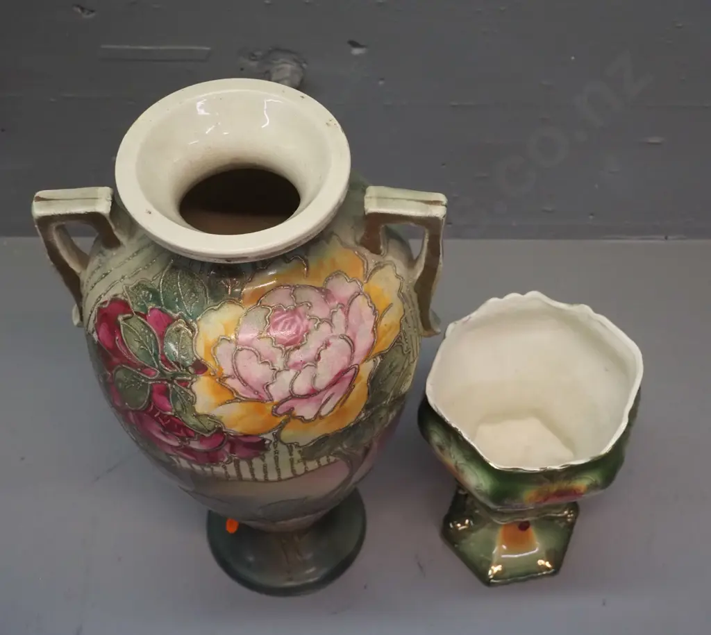 2 Victorian floral hand-painted vases - relief pattern double handled H-410 W-230 and smaller comport shaped Image 1++