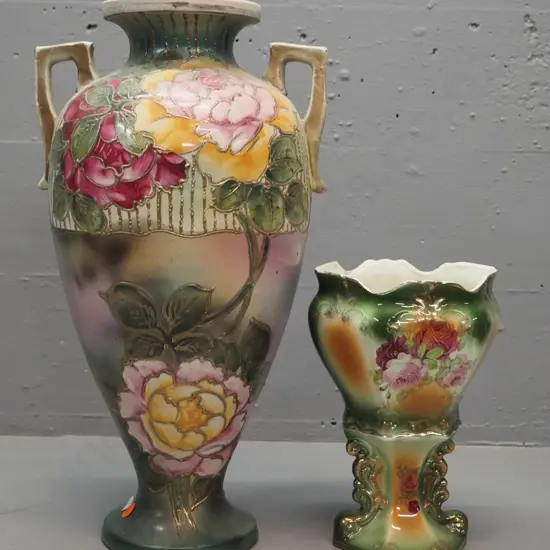 2 Victorian floral hand-painted vases - relief pattern double handled H-410 W-230 and smaller comport shaped