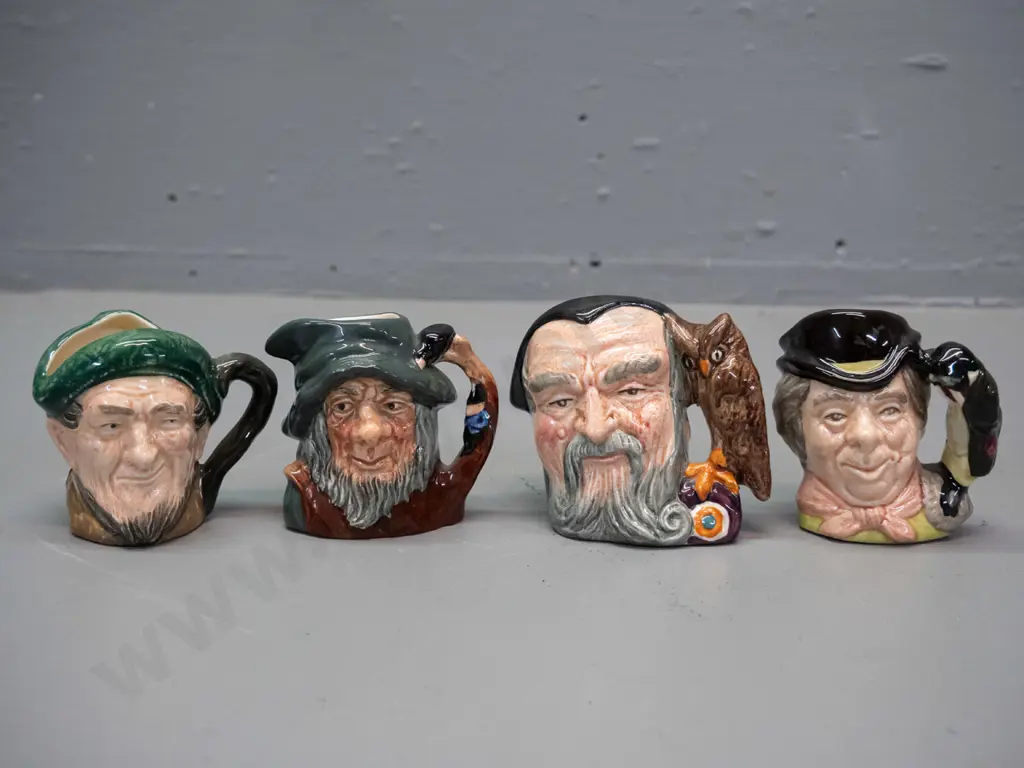 4 small Royal Doulton character jugs - approx. H-60 to 70 - Auld Mac, Merlin, Walrus & Carpenter, and Rip van Winkle Image 1++