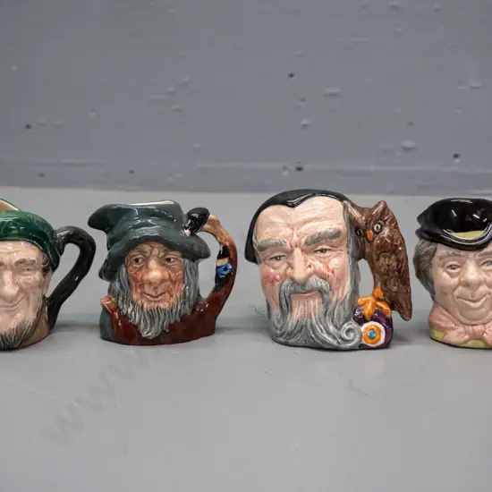 4 small Royal Doulton character jugs - approx. H-60 to 70 - Auld Mac, Merlin, Walrus & Carpenter, and Rip van Winkle