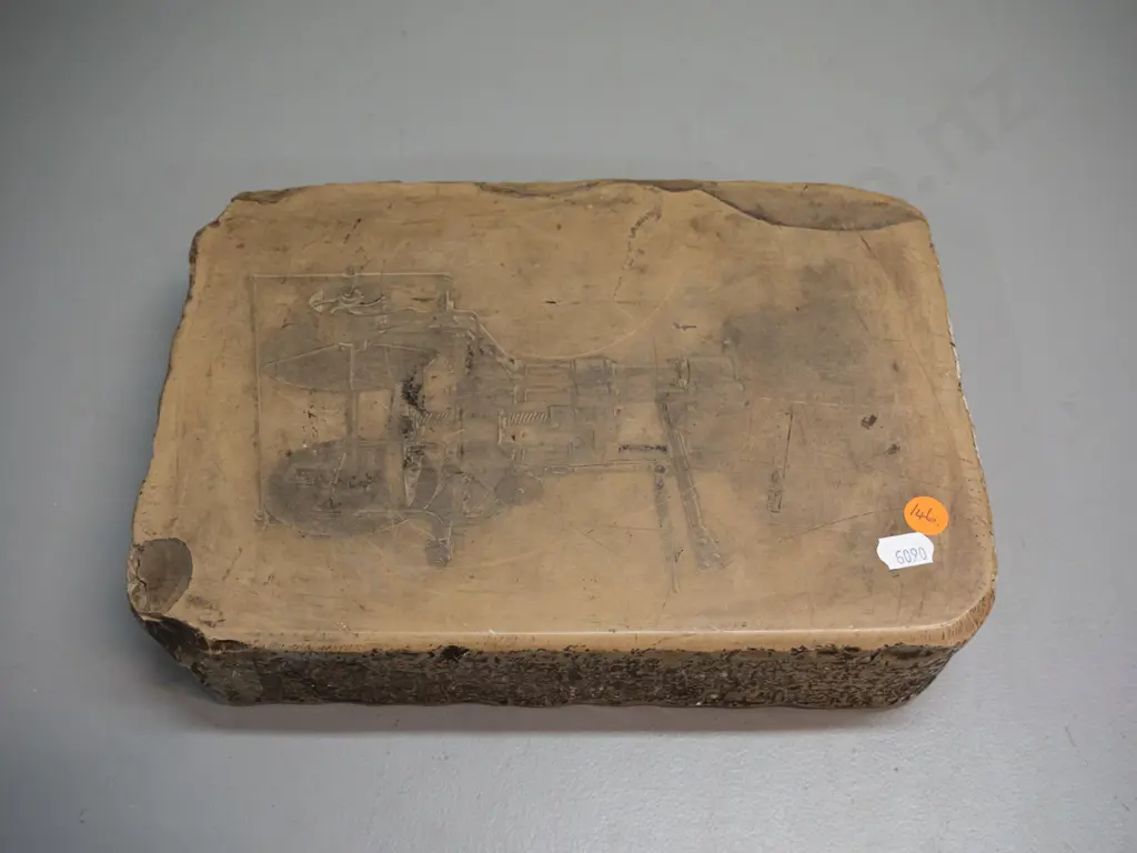 vintage lithograph printing stone block with etched machinery image on one side, marked 5671 on end. H-275 W-190 Image 1++
