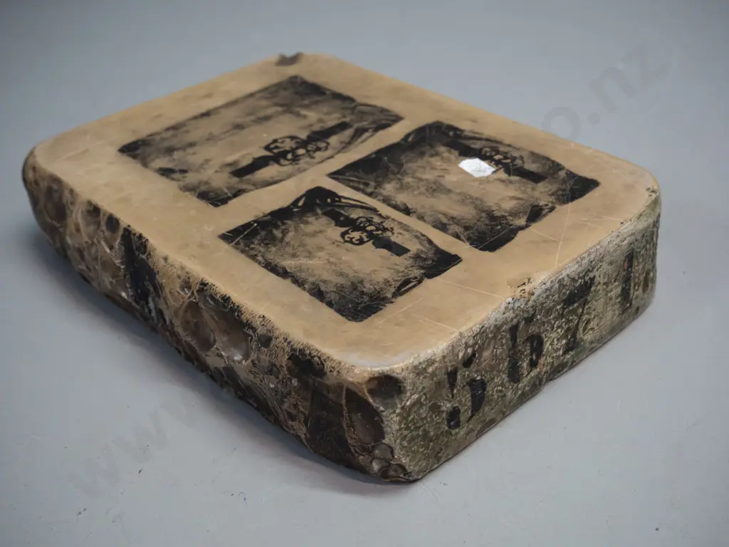 vintage lithograph printing stone block with etched machinery image on one side, marked 5671 on end. H-275 W-190 Image 1++