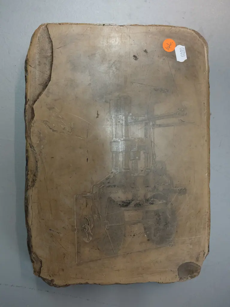 vintage lithograph printing stone block with etched machinery image on one side, marked 5671 on end. H-275 W-190 Image 1++