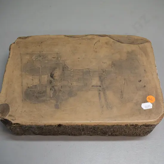 vintage lithograph printing stone block with etched machinery image on one side, marked 5671 on end. H-275 W-190