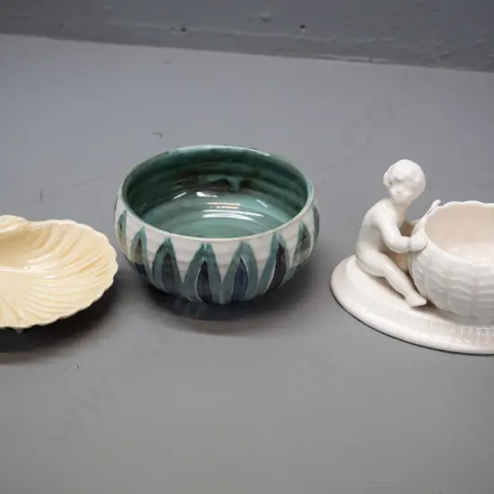 Temuka shell dish, Hanmer pottery bowl H-60 D-125 and a Sylvac figural trinket / bowl