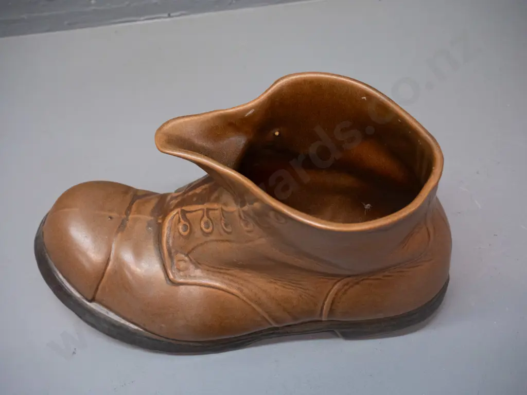 pottery boot / planter marked Temuka Stoneware New Zealand - rub mark inside top rim H-165 L-300 Image 1++