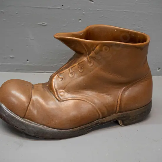 pottery boot / planter marked Temuka Stoneware New Zealand - rub mark inside top rim H-165 L-300