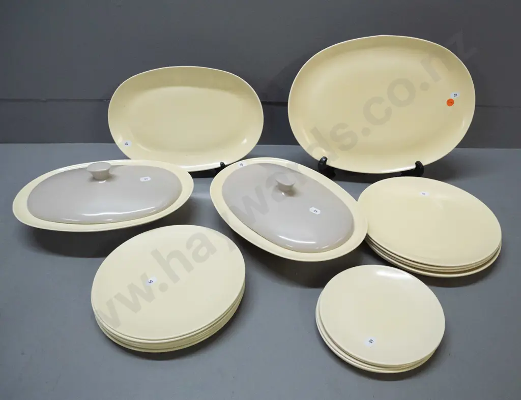 retro Branksome yellow and grey dinner ware including 2 ashetts, 2 lidded vegetable dishes, 5 dinner, 5 side and 6 Image 1++