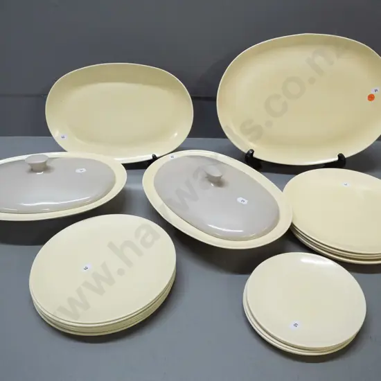 retro Branksome yellow and grey dinner ware including 2 ashetts, 2 lidded vegetable dishes, 5 dinner, 5 side and 6