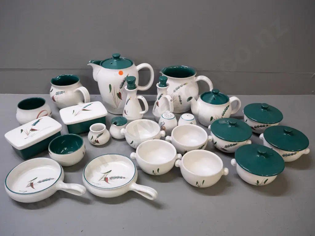 retro Denby Greenwheat table ware - coffee pot, small teapot, 2 jugs, 2 lidded butter or cheese dishes, 8 soups or Image 1++