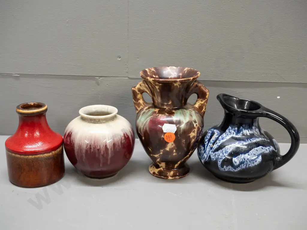 4 pottery items - Blue Mountain jug, 2 German pottery vases & an unmarked speckled 2-handled vase H-145 Image 1++