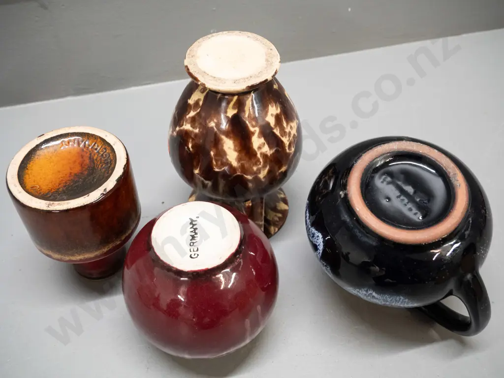 4 pottery items - Blue Mountain jug, 2 German pottery vases & an unmarked speckled 2-handled vase H-145 Image 1++