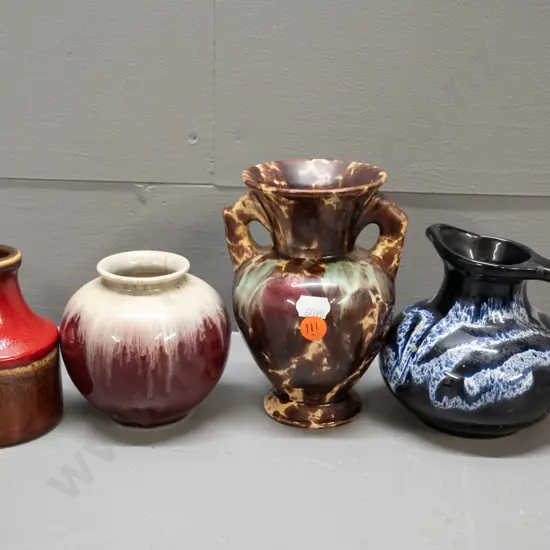 4 pottery items - Blue Mountain jug, 2 German pottery vases & an unmarked speckled 2-handled vase H-145