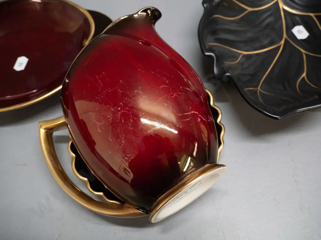 Carlton Ware Rouge Royal jug & dish, black gilt leaf dish, and a Crown Devon dish - jug H-150, has glaze scratch marks Image 1++
