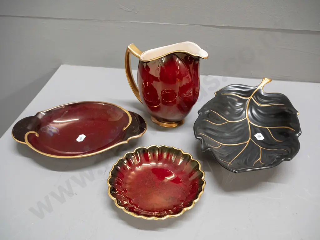 Carlton Ware Rouge Royal jug & dish, black gilt leaf dish, and a Crown Devon dish - jug H-150, has glaze scratch marks Image 1++
