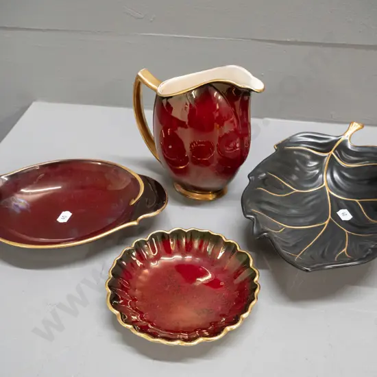 Carlton Ware Rouge Royal jug & dish, black gilt leaf dish, and a Crown Devon dish - jug H-150, has glaze scratch marks