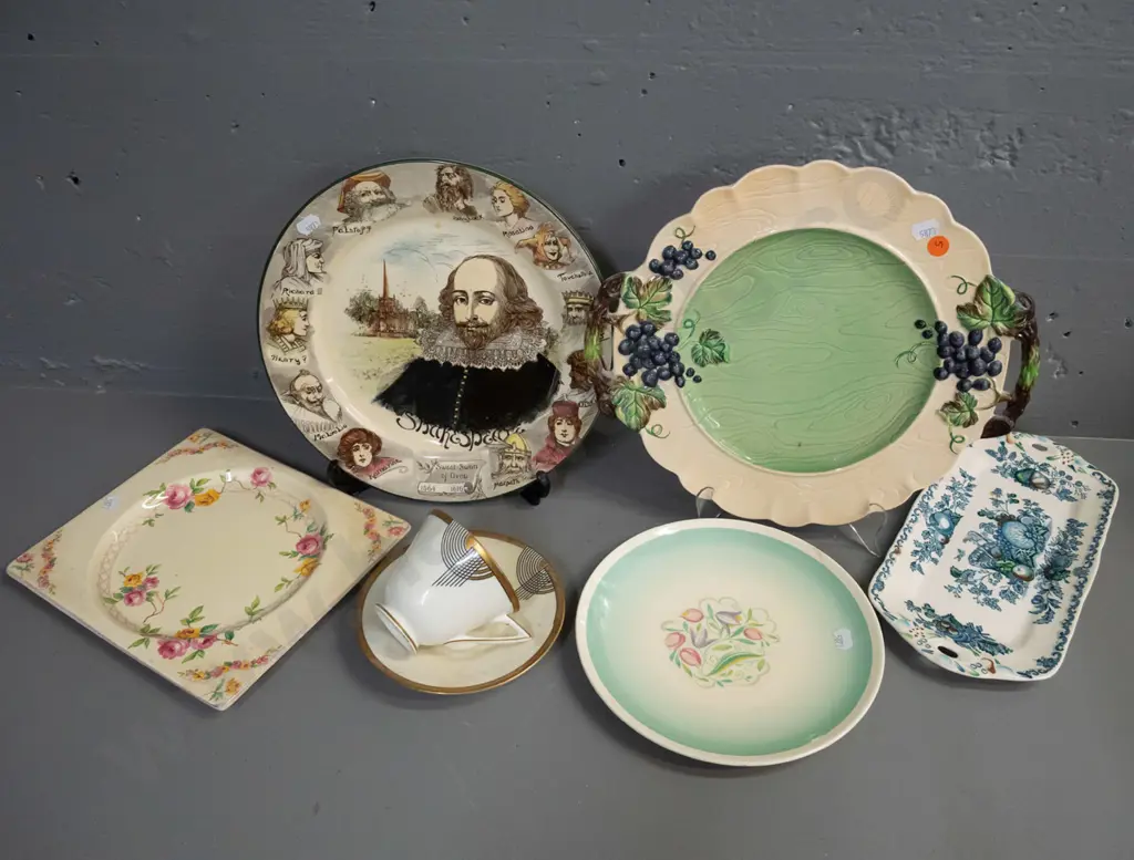 Carlton Ware grape pattern handled majolica style plate, Royal Doulton Shakespeare plate, Susie Cooper and Clarice Cliff Image 1++
