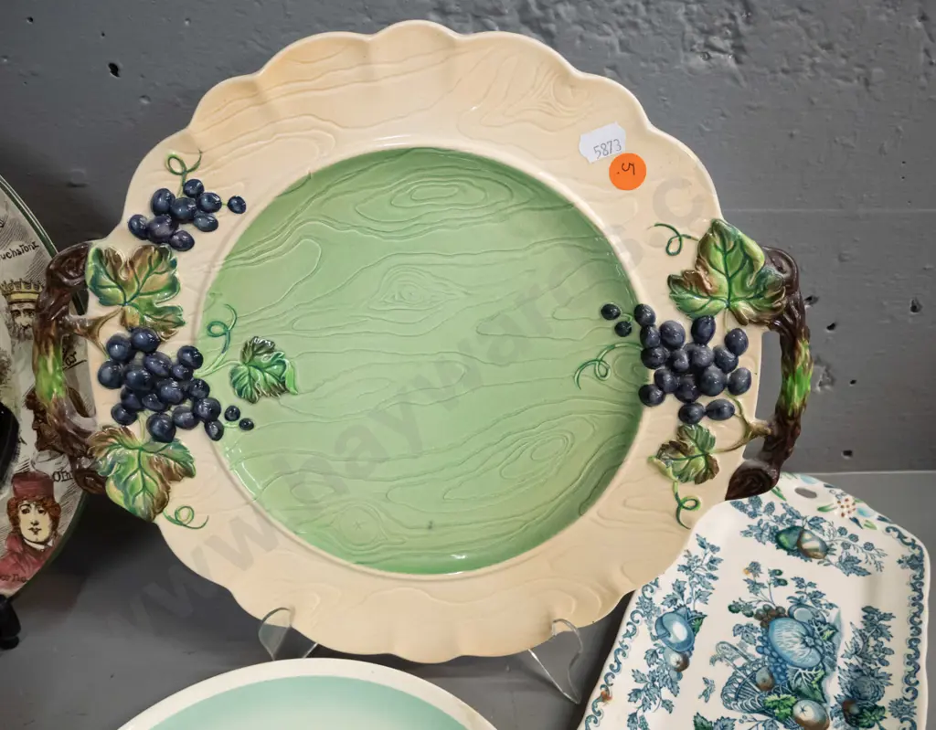 Carlton Ware grape pattern handled majolica style plate, Royal Doulton Shakespeare plate, Susie Cooper and Clarice Cliff Image 1++