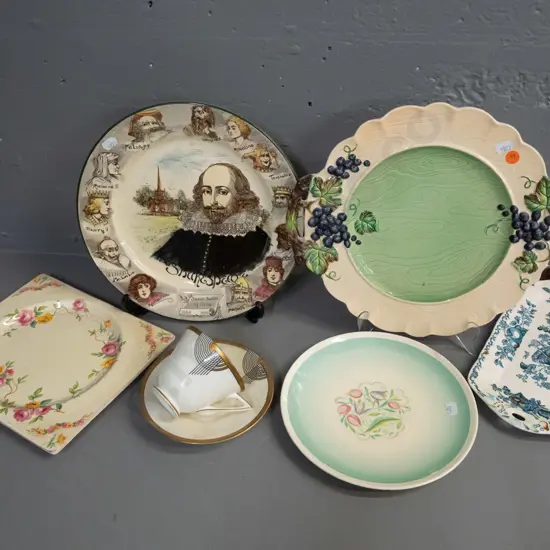 Carlton Ware grape pattern handled majolica style plate, Royal Doulton Shakespeare plate, Susie Cooper and Clarice Cliff