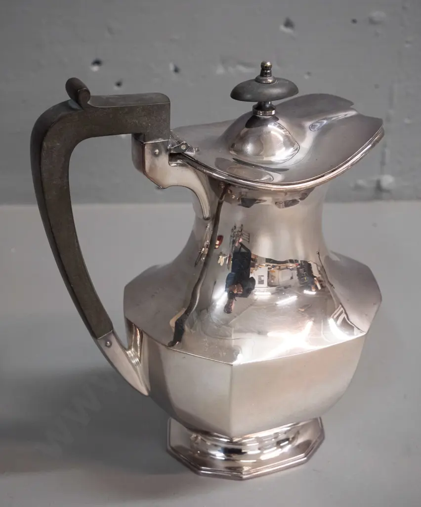 silver plated tea & coffee set with bakelite handles and a boxed set of ivorine-handled fish knives & forks. Coffee pot Image 1++