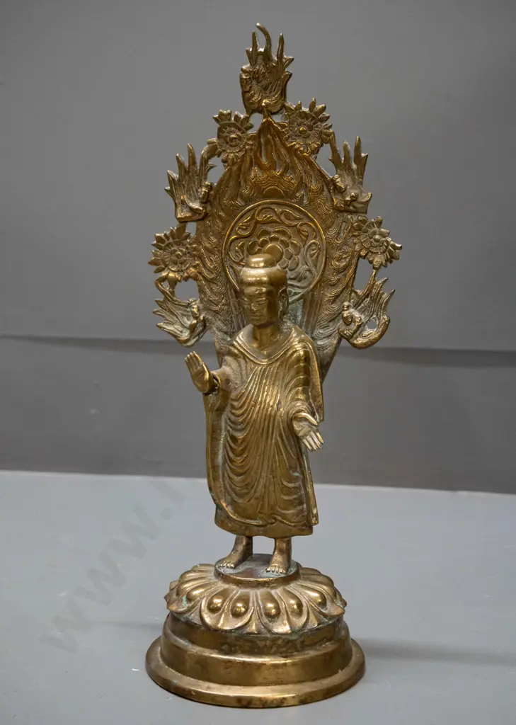 asian brass standing figure on lotus flower with pierced back piece - may have some loss to decoration on right side of Image 1++