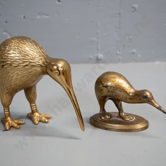 2 cast brass kiwi bird figurines - larger one is H-120 L-140