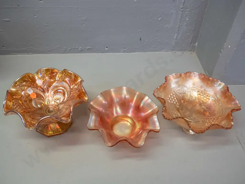 3 marigold carnival glass frilled edge dishes including grape pattern footed dish. Comport is H-110 D-180 Image 1++