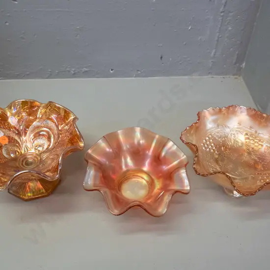 3 marigold carnival glass frilled edge dishes including grape pattern footed dish. Comport is H-110 D-180