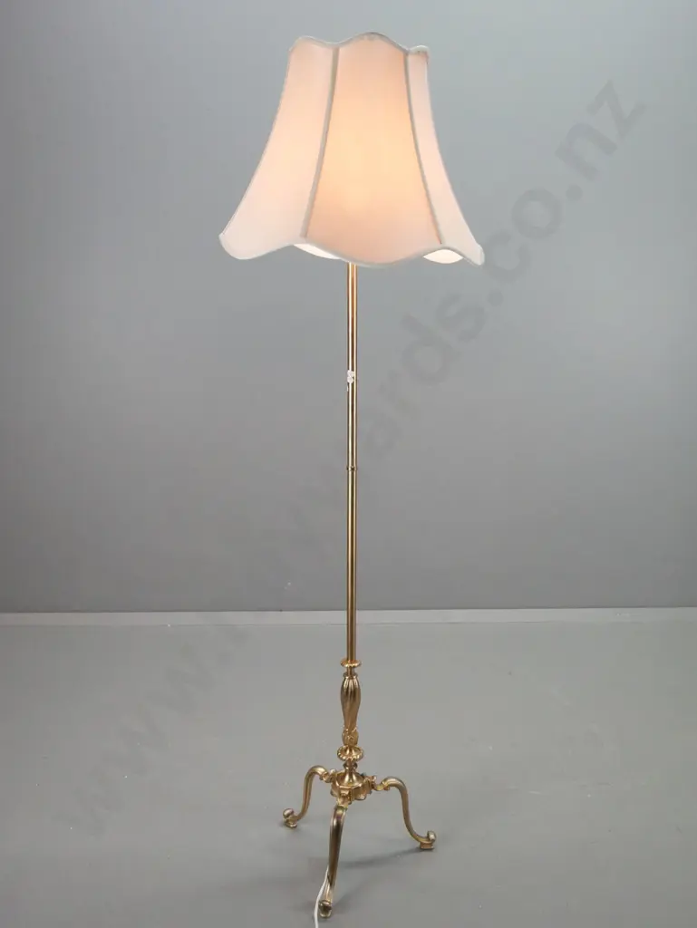 retro brass-finish cast metal 3-footed standard lamp with beige sateen shade H-1720 (fitting needs attention) Image 1++