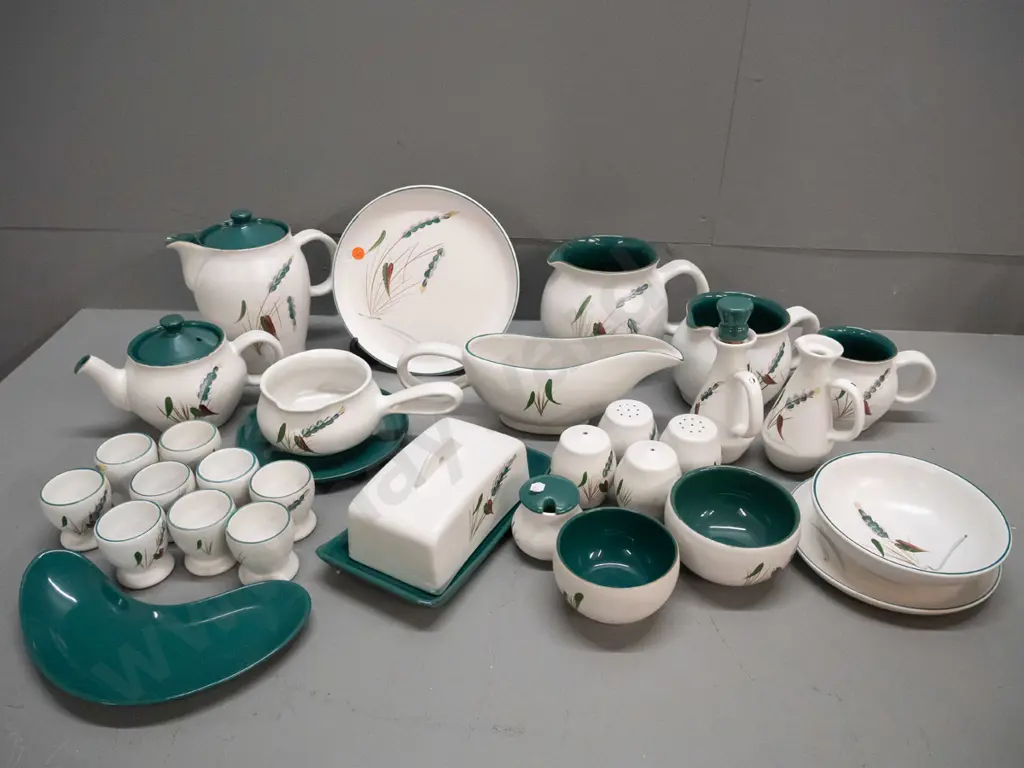 retro Denby Greenwheat table ware - coffee pot, small teapot, 3 jugs, lidded butter/cheese, 2 salts & peppers, 9 egg Image 1++