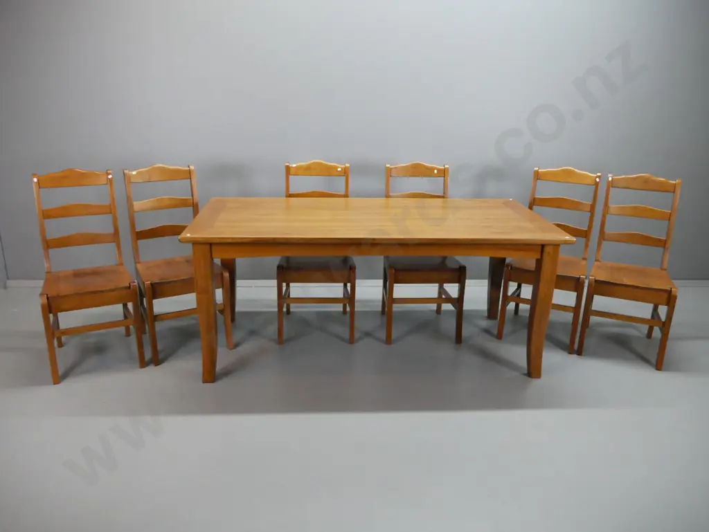 solid oak dining table with laminated oak top, cleated ends, with 6 solid oak ladderback chairs with stretchers, Image 1++