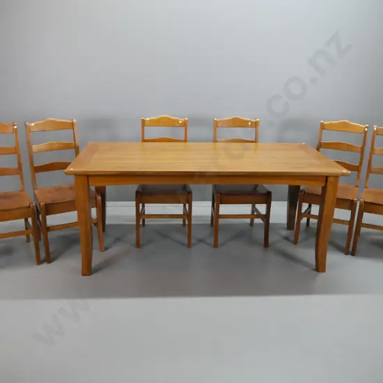 solid oak dining table with laminated oak top, cleated ends, with 6 solid oak ladderback chairs with stretchers,